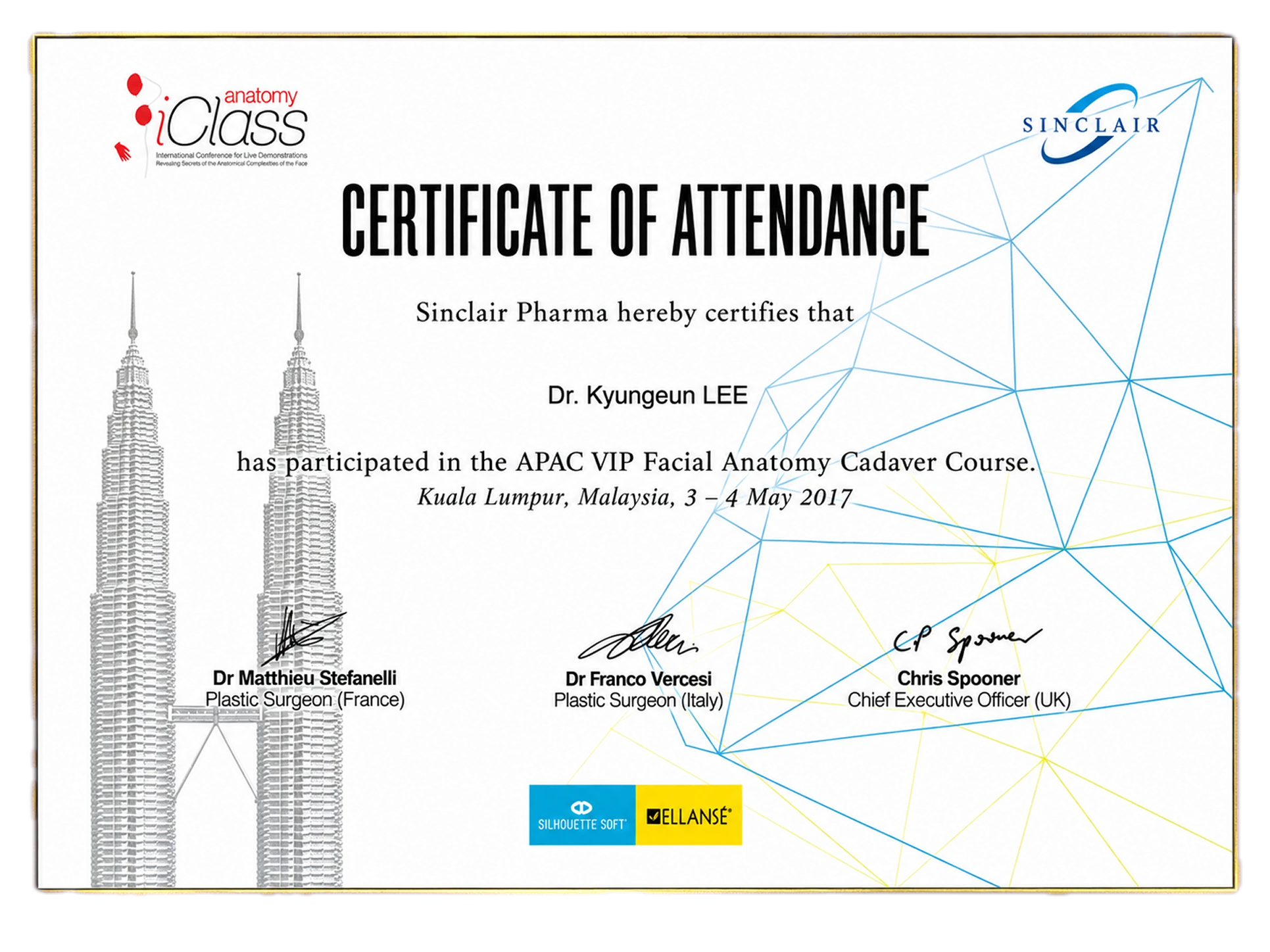 Sinclair APAC VIP Facial Anatomy Cadaver Course 수료증